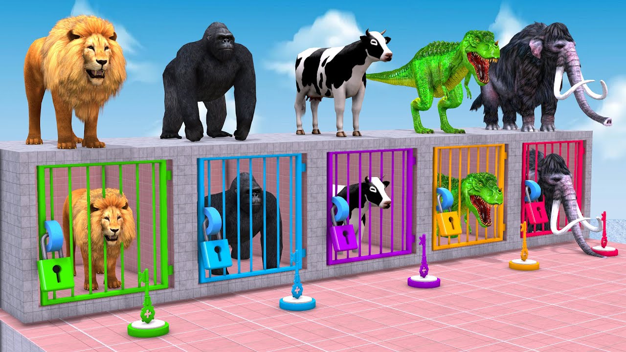 Cow Mammoth Elephant Dinosaur Gorilla Guess The Right Key ESCAPE ROOM CHALLENGE Animals Cage Game img