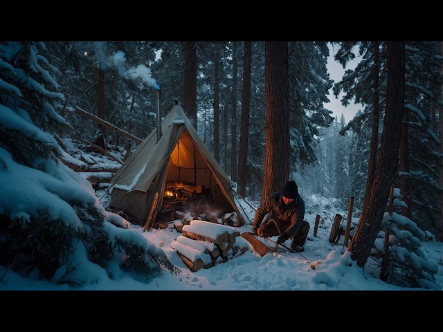 Solo Winter Hot Tent Camping in Snowfall | ASMR img