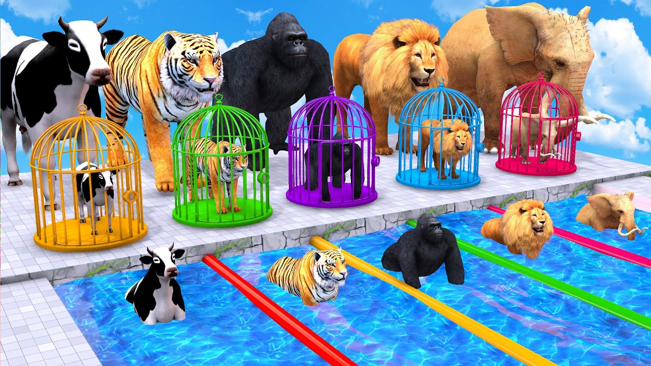 Animals Choose The Right Key With Cow Mammoth Elephant Gorilla Lion Tiger Wild Animals Matching Game img